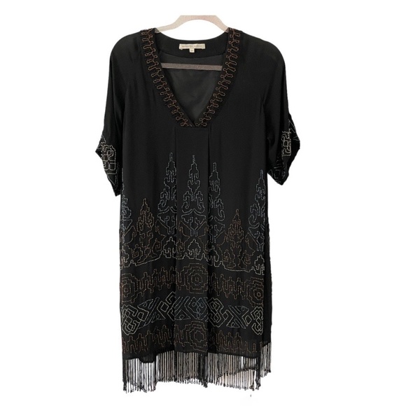 Burning Torch Black Beaded Fringed Formal Dress - Picture 1 of 16